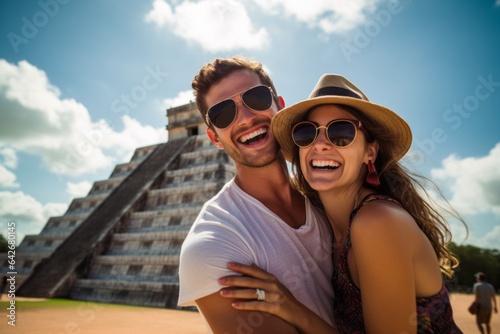 Couple in their 30s smiling at the Chichen Itza Yucatan Mexico © Anne Schaum
