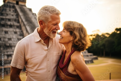 Couple in their 40s smiling at the Chichen Itza Yucatan Mexico