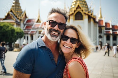 Couple in their 40s smiling at the Grand Palace in Bangkok Thailand
