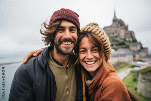 Couple in their 30s smiling at the Mont Saint-Michel in Normandy France