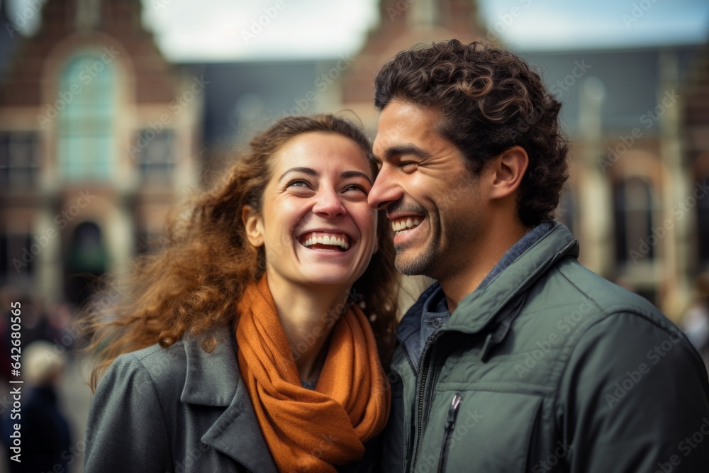 Couple in their 30s smiling at the Rijksmuseum in Amsterdam Netherlands