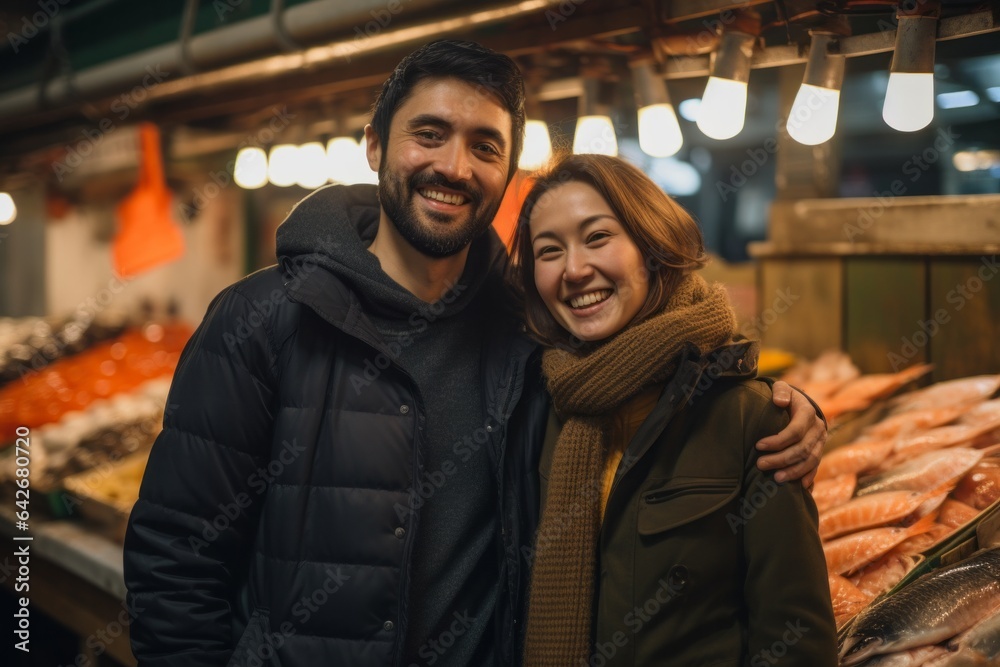 Couple in their 30s smiling at the Tsukiji Fish Market in Tokyo Japan