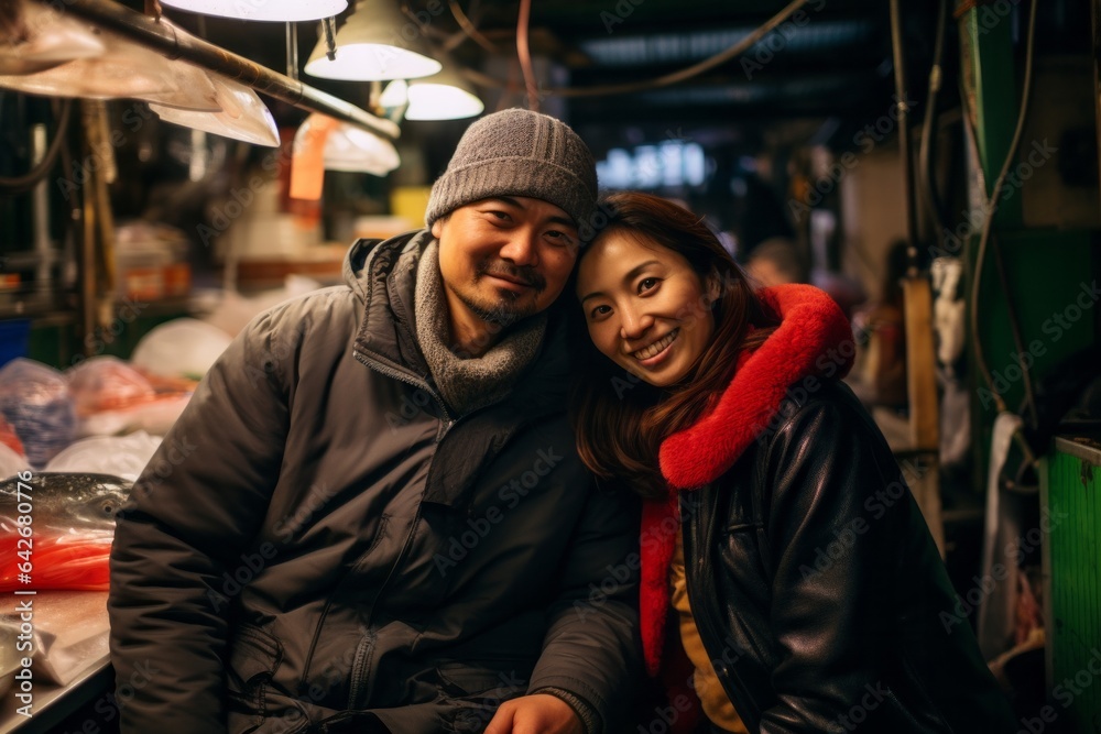 Couple in their 40s at the Tsukiji Fish Market in Tokyo Japan Couple in their 40s at the Tsukiji Fish Market in Tokyo Japan
