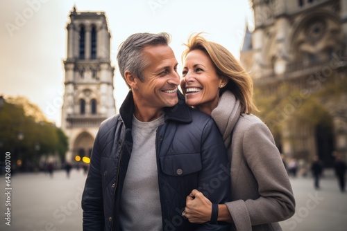 Couple in their 40s smiling at the Notre-Dame Cathedral in Paris France © Hanne Bauer