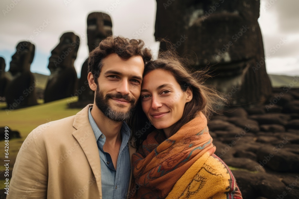 Fototapeta premium Couple in their 30s at the Moai Statues on Easter Island Chile