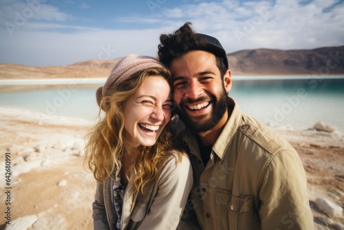 Couple in their 30s smiling at the Dead Sea in Israel/Jordan