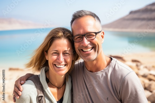 Couple in their 40s smiling at the Dead Sea in Israel/Jordan