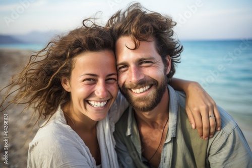 Couple in their 30s smiling at the Dead Sea in Israel/Jordan