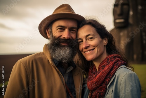 Couple in their 40s smiling at the Moai Statues on Easter Island Chile