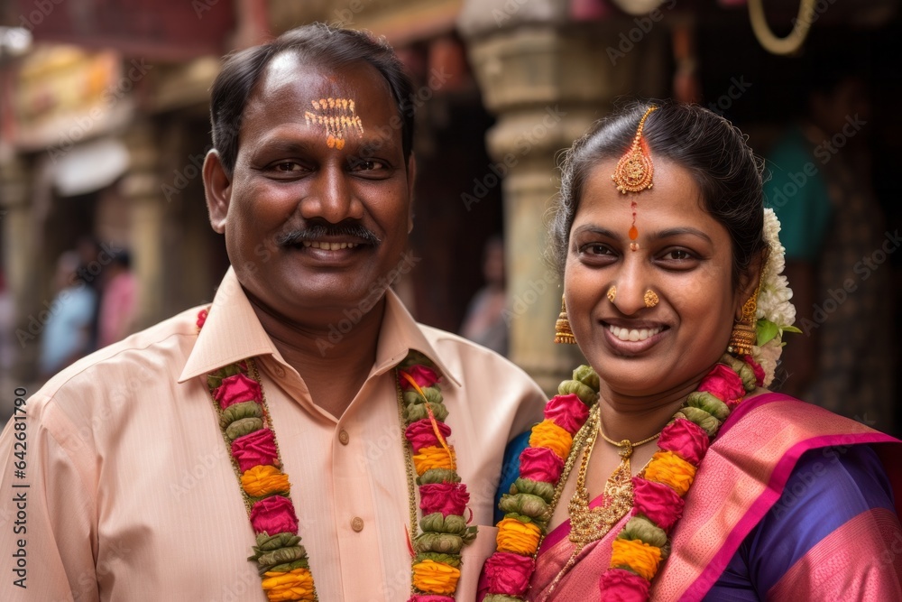 Fototapeta premium Couple in their 40s at the Meenakshi Amman Temple in Madurai India