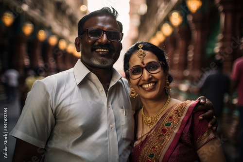 Couple in their 40s smiling at the Meenakshi Amman Temple in Madurai India © Hanne Bauer