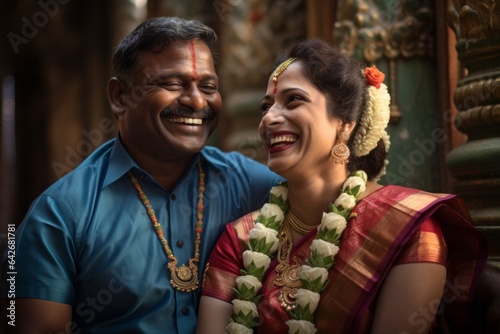 Couple in their 40s smiling at the Meenakshi Amman Temple in Madurai India