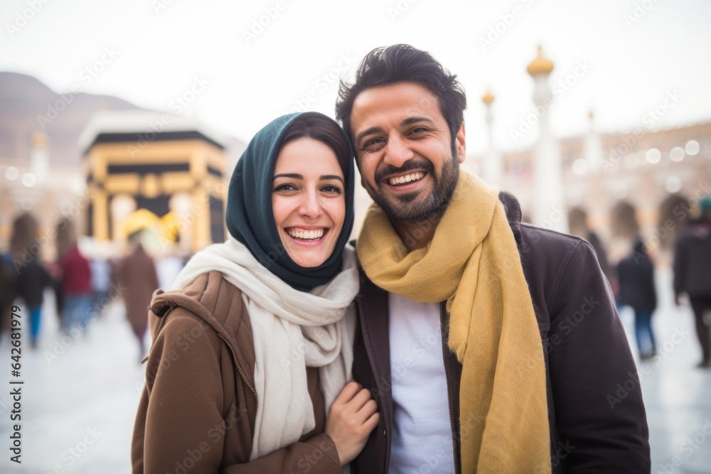 Fototapeta premium Couple in their 30s smiling at the Mecca in Saudi Arabia