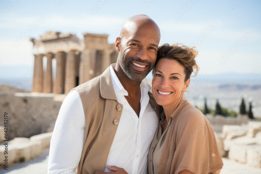 Couple in their 40s smiling at the Acropolis of Athens in Athens Greece