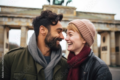 Couple in their 30s smiling at the Brandenburg Gate in Berlin Germany