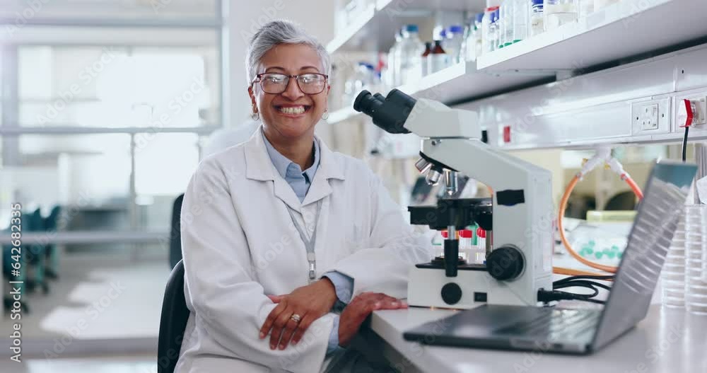 Senior happy woman, scientist and microscope in forensic analysis, new discovery or data research. Portrait of mature female person, medical or healthcare professional smile in science laboratory