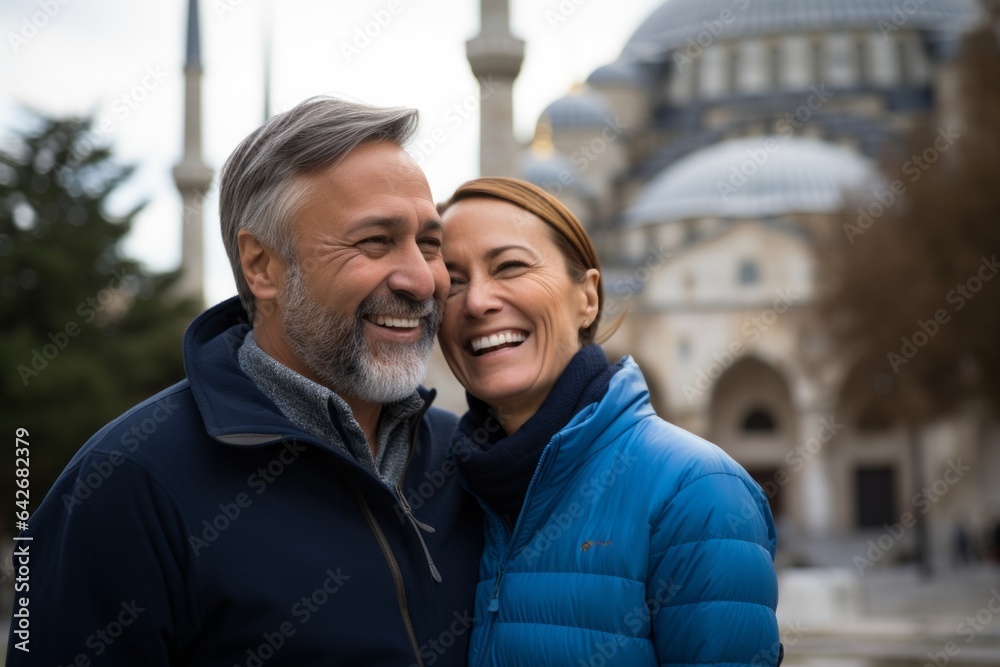 Couple in their 40s smiling at the Blue Mosque in Istanbul Turkey