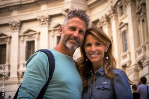 Couple in their 40s at the Trevi Fountain in Rome Italy