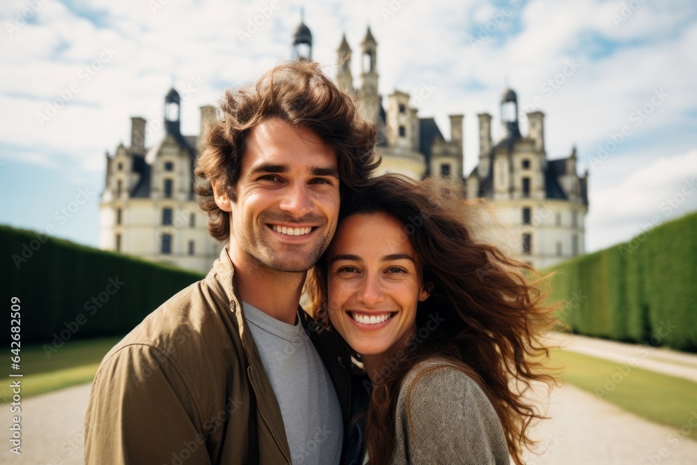 Couple in their 30s smiling at the Château de Chambord in Chambord France