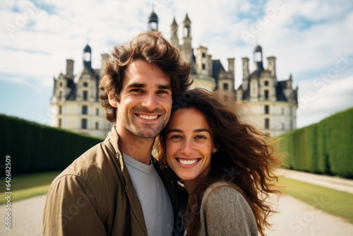 Couple in their 30s smiling at the Château de Chambord in Chambord France © Anne Schaum