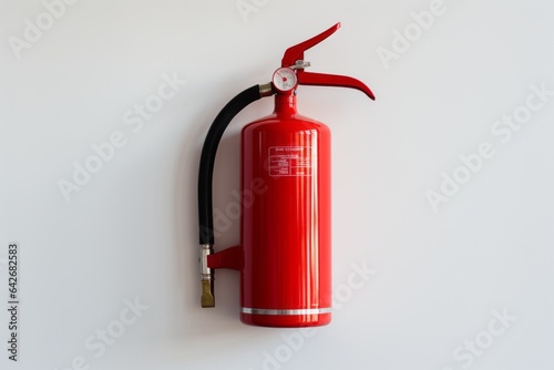 Fire extinguisher, checking compliance with fire safety rules. Background with selective focus and copy space