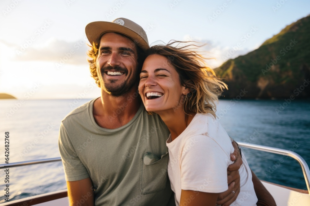 Couple in their 30s smiling at the Great Barrier Reef in Queensland Australia - obrazy, fototapety, plakaty 