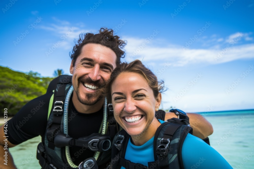 Couple in their 30s smiling at the Great Barrier Reef in Queensland Australia