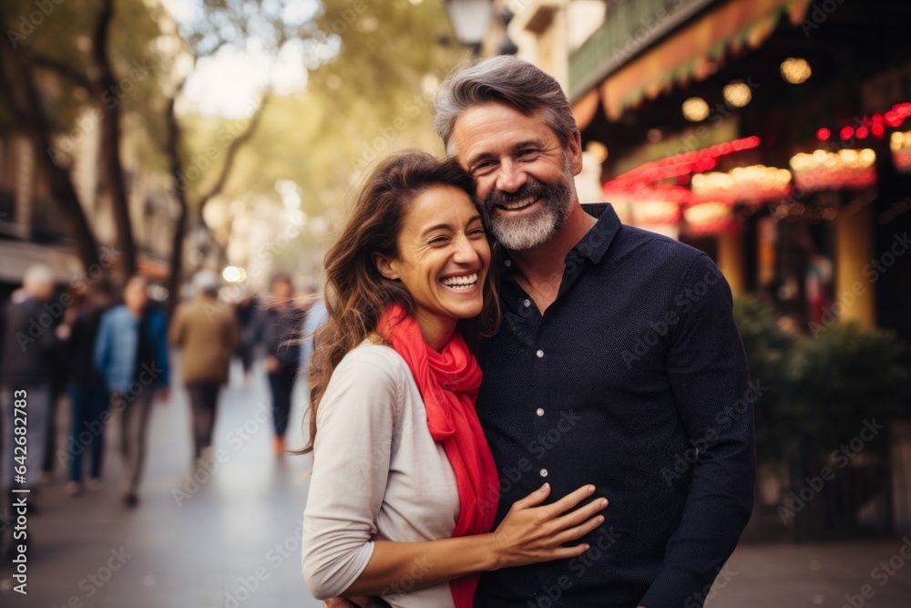 Couple in their 40s smiling at the Las Ramblas in Barcelona Spain