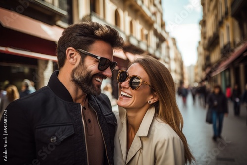 Couple in their 30s smiling at the Las Ramblas in Barcelona Spain