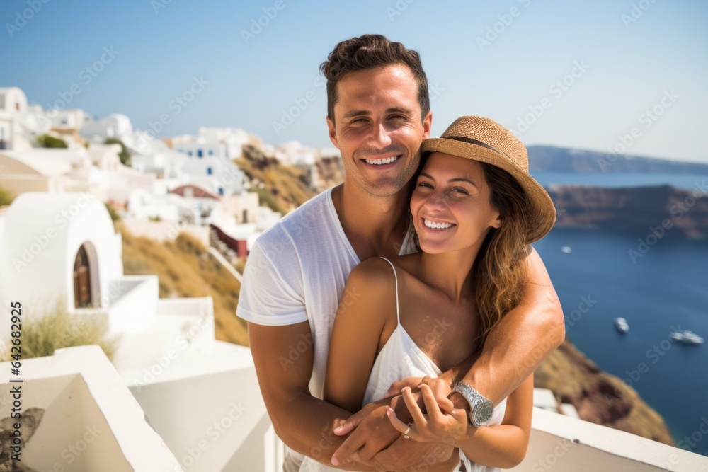 Couple in their 30s smiling at the Santorini Island in Greece