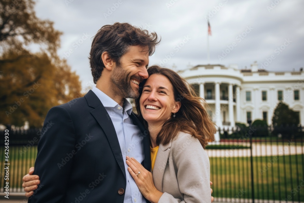Couple in their 30s smiling at the White House in Washington D Couple in their 30s smiling at the White House in Washington D