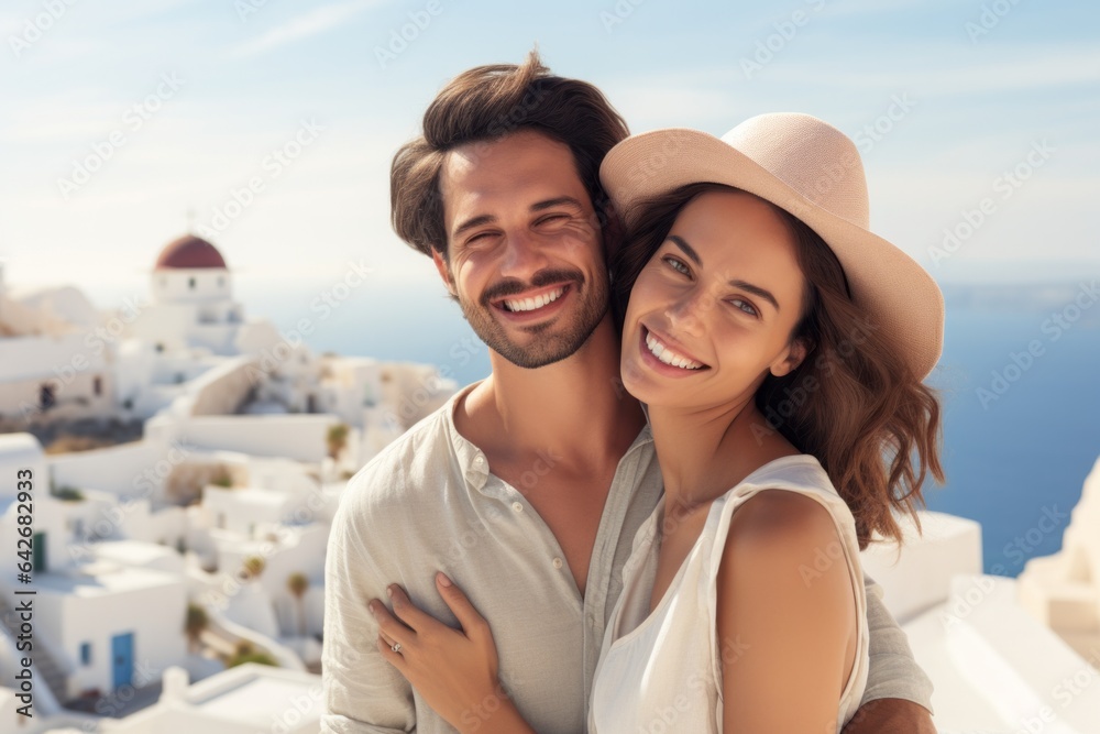 Obraz premium Couple in their 30s smiling at the Santorini Island in Greece