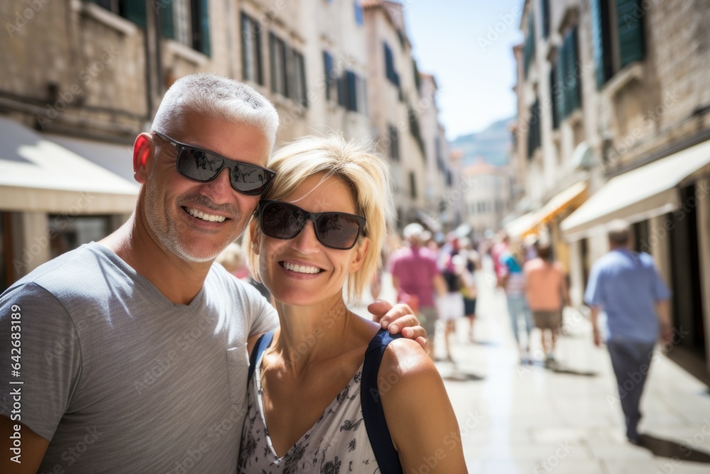 Couple in their 40s smiling at the Dubrovnik Old Town in Dubrovnik Croatia