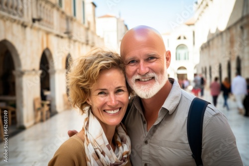 Couple in their 40s smiling at the Dubrovnik Old Town in Dubrovnik Croatia