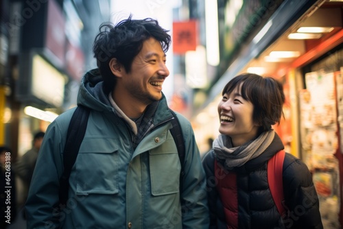 Couple in their 30s smiling at the Akihabara in Tokyo Japan