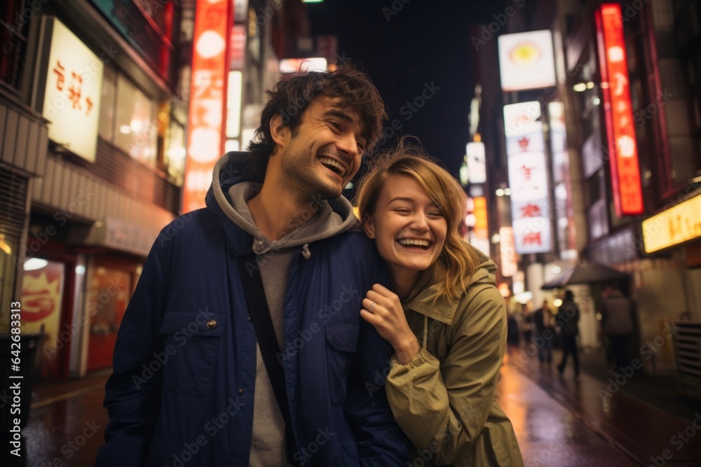 Couple in their 30s smiling at the Shinjuku in Tokyo Japan