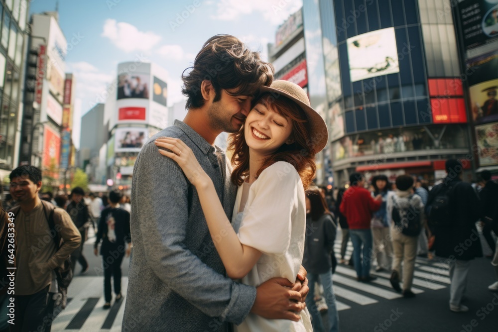 Fototapeta premium Couple in their 30s at the Shibuya Crossing in Tokyo Japan