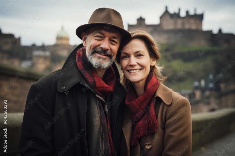 Couple in their 40s at the Edinburgh Castle in Edinburgh Scotland Couple in their 40s at the Edinburgh Castle in Edinburgh Scotland