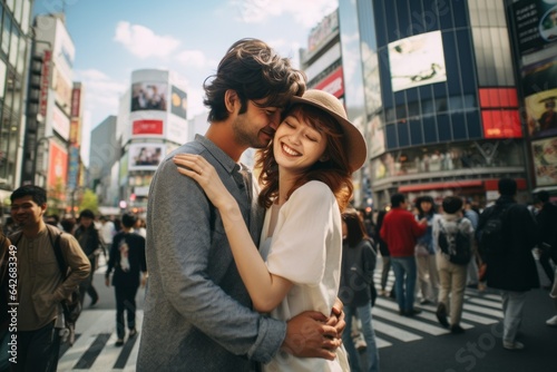 Couple in their 30s at the Shibuya Crossing in Tokyo Japan
