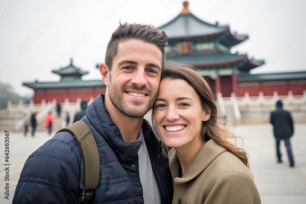 Couple in their 30s smiling at the Mausoleum of the First Qin Emperor in Xian China