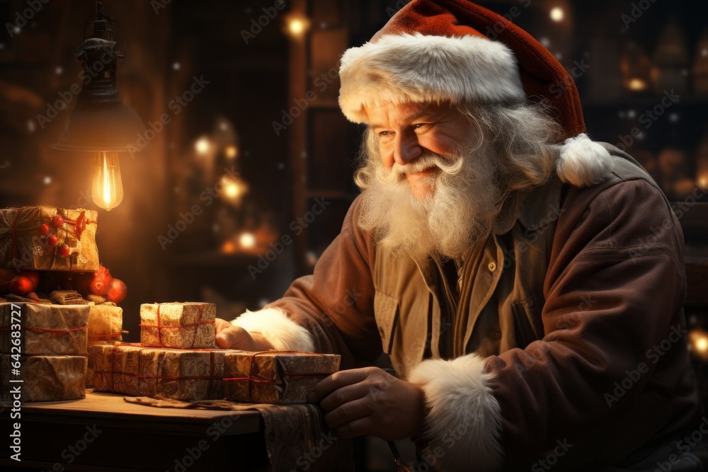 Santa Claus collects gifts to send. Merry christmas and happy new year concept Santa Claus collects gifts to send. Merry christmas and happy new year concept