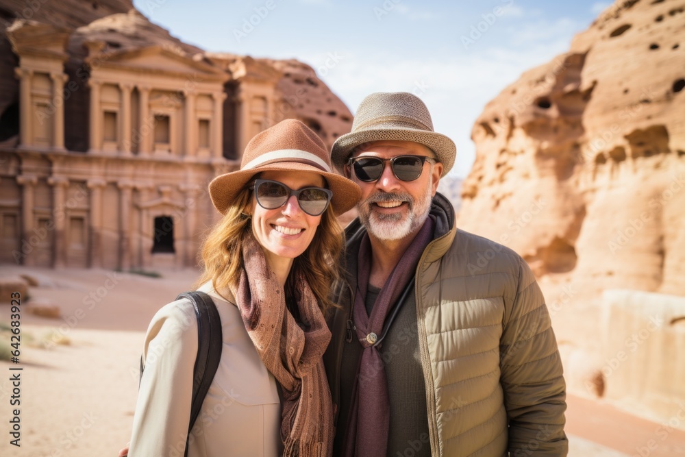 Couple in their 40s smiling at the Petra in Maan Governorate Jordan