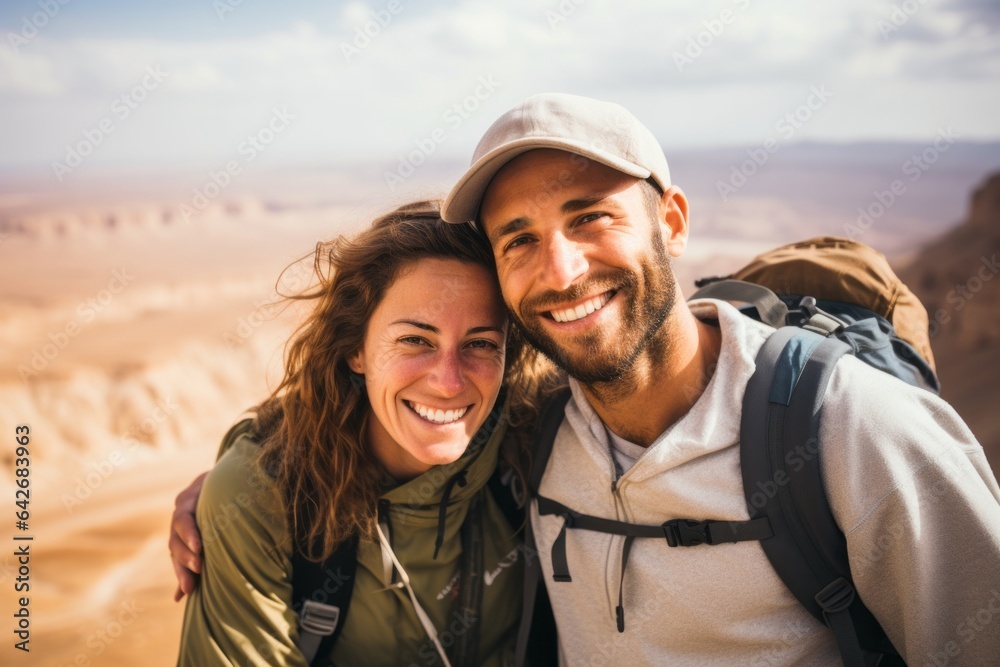 Couple in their 30s smiling at the Masada in Southern District Israel Couple in their 30s smiling at the Masada in Southern District Israel
