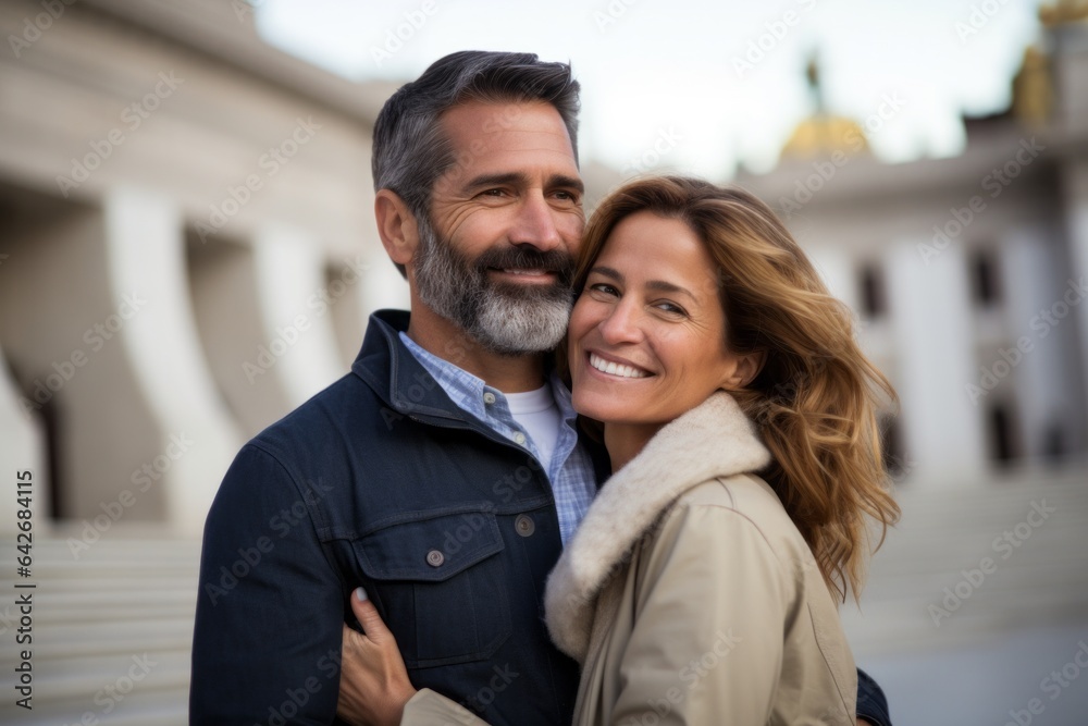 Couple in their 40s smiling at the Museo Nacional Del Prado in Madrid Spain