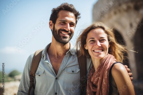 Couple in their 30s smiling at the Crac des Chevaliers in Homs Governorate Syria © Anne Schaum