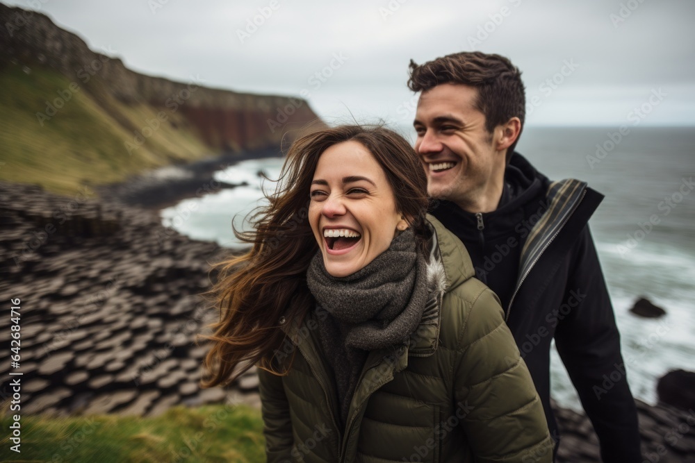 Couple in their 30s smiling at the Giant's Causeway in County Antrim Northern Ireland Couple in their 30s smiling at the Giant's Causeway in County Antrim Northern Ireland