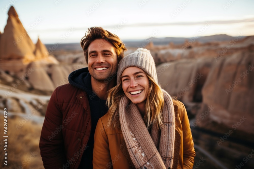 Couple in their 30s smiling at the Cappadocia in Nevşehir Province Turkey