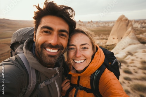 Couple in their 30s smiling at the Cappadocia in Nevşehir Province Turkey