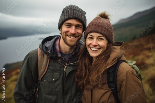 Couple in their 30s smiling at the Loch Ness in Scottish Highlands Scotland