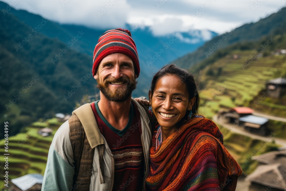 Couple in their 30s smiling at the Banaue Rice Terraces in Ifugao Philippines